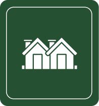 Icon of two adjacent houses on a dark green background.